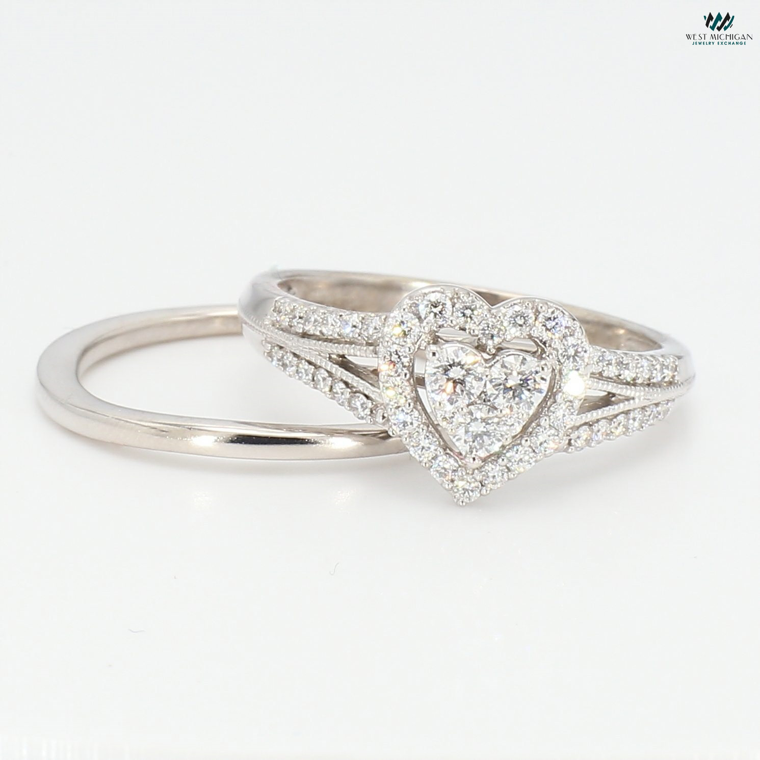 10K White Gold Diamond Heart Bridal Ring Set 0.75 CT TDW 4.00 Grams
