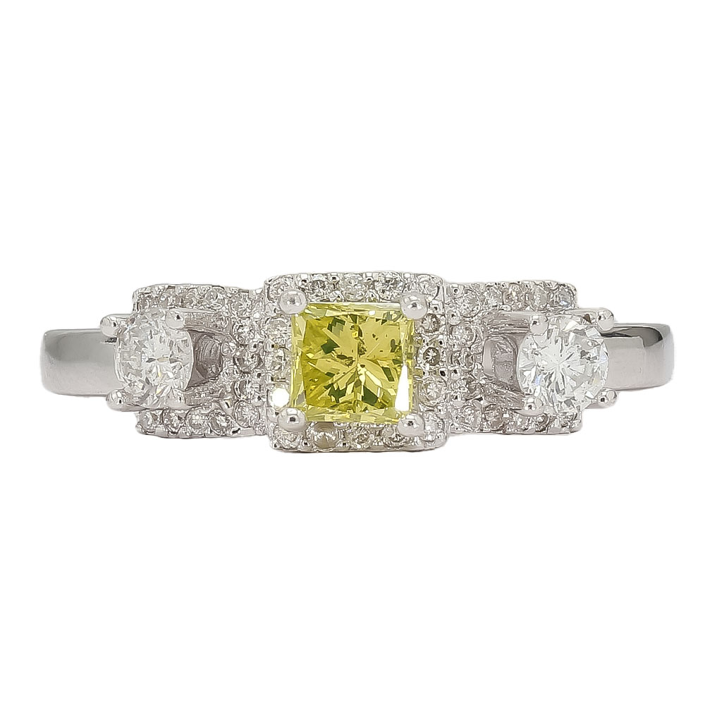 14K White Gold Yellow Diamond Three Stone Ring| 0.75 CT TDW| 4.1 Grams| Size 6.5"- R11220A