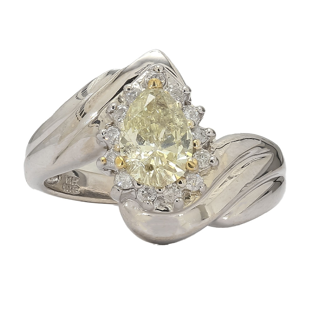 14K White Gold Yellow Pear Diamond Engagement Ring| 0.96 CT Center| 1.10 CT TDW| 4.6 Grams| Size 6.25"- R4364AA